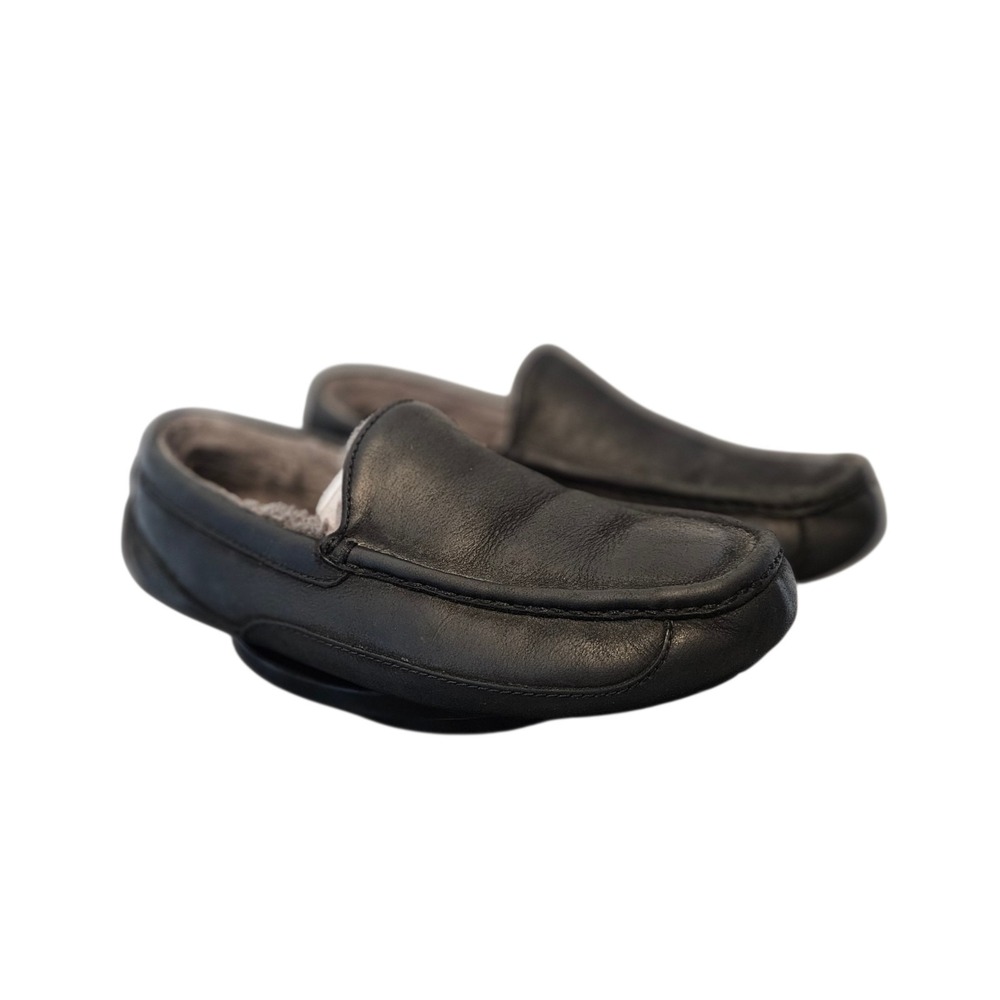 UGG Ascot Black Matte Leather  Shearling Men's Slippers 1103889 Size 10